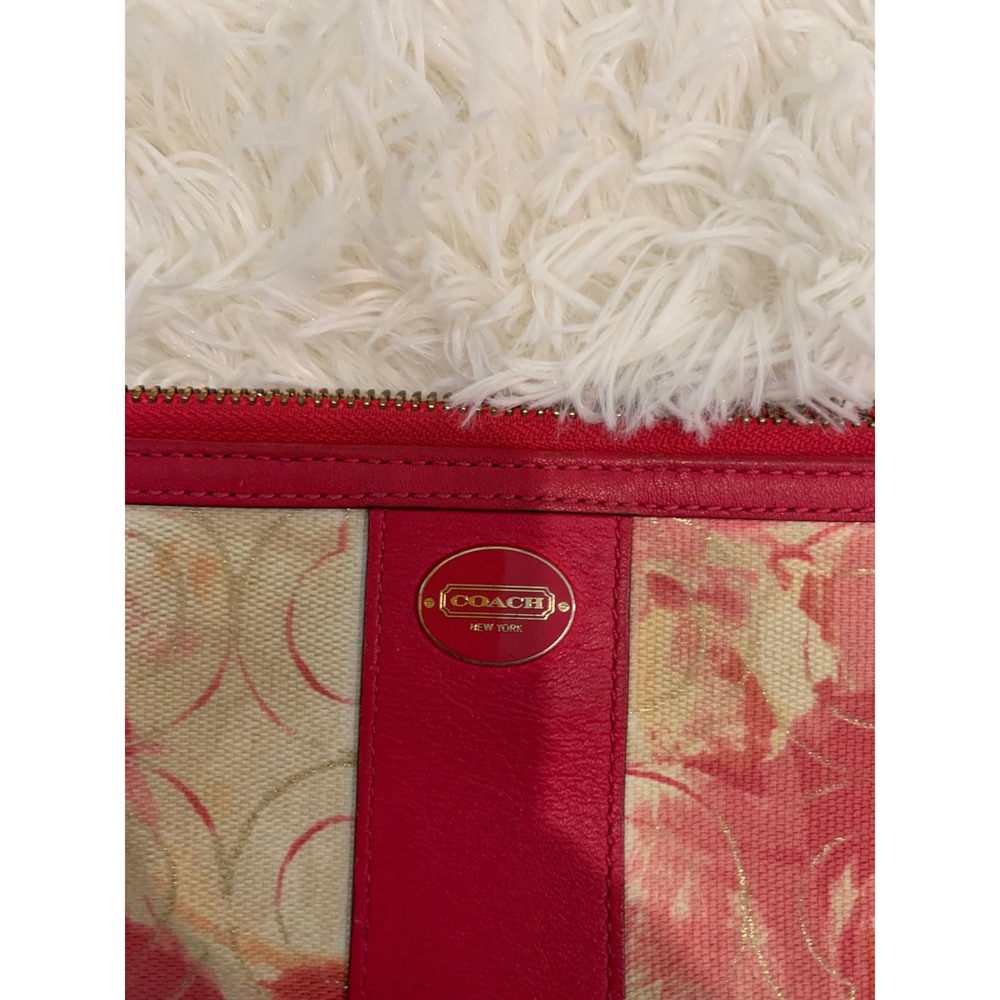 Coach Floral Signature Canvas Wristlet Pink Orange Small Excellent Zip Wallet - Picture 3 of 5